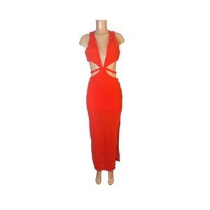 Red dress‎ cut out with braided trim long Maxi with slit